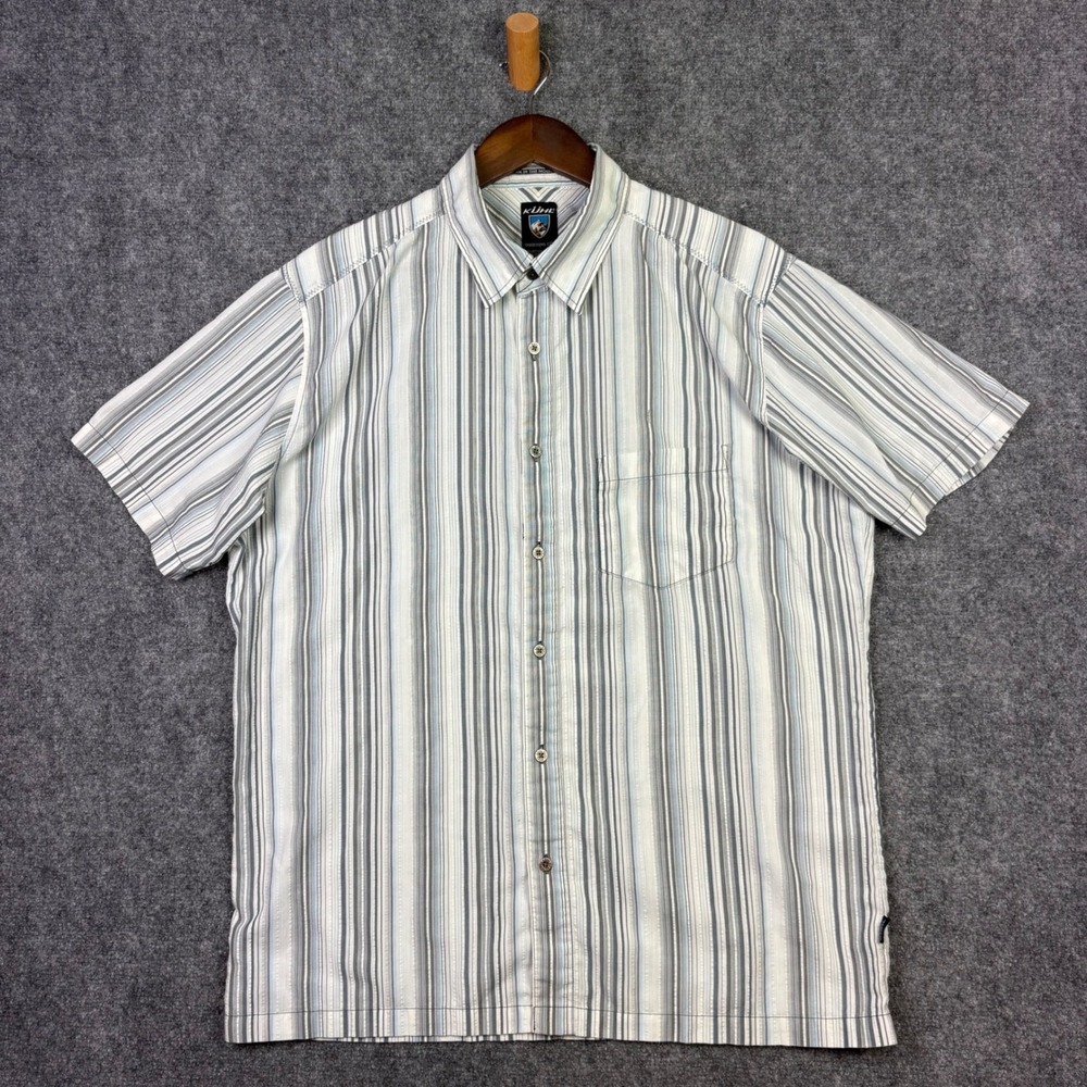 Kuhl Button Down Shirt Mens Large Blue Grey Striped Short Sleeve Outdoor Hiking